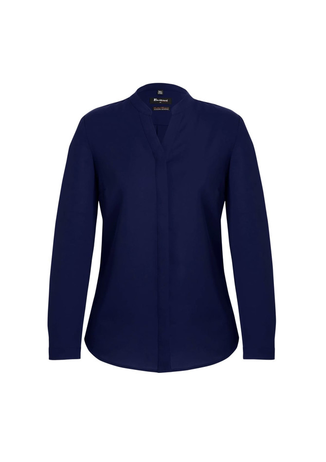 A navy blue women's long sleeve blouse with a button-up design and a collarless neckline.