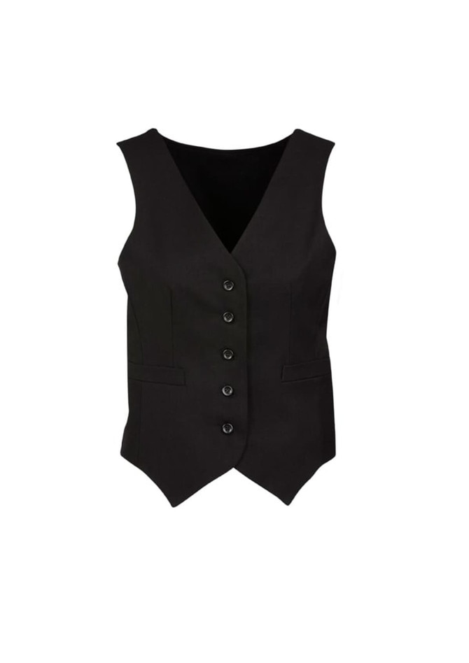 A black women's peaked vest with a button front and knitted back, featuring two side pockets and a fitted silhouette.