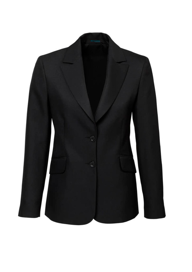 A black longline women's jacket with a blazer style, featuring two buttons and front pockets. It has a logo.