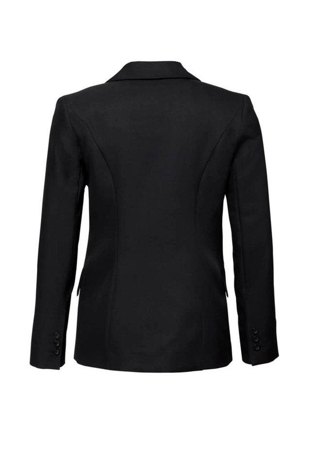 A black women's longline jacket with a tailored look and a smooth back design, featuring button detailing.