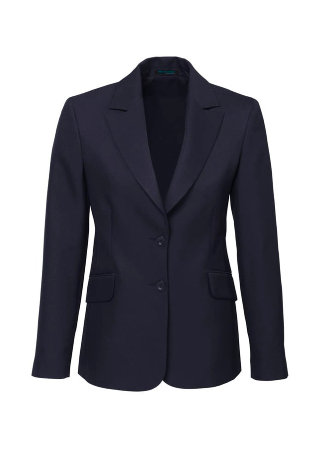 A women's longline jacket in navy, featuring a tailored fit and two front pockets. Includes a logo on the label.