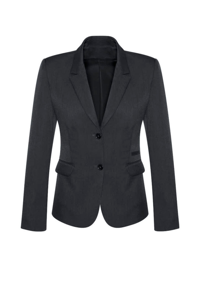 A women's mid-length jacket in dark grey, featuring a two-button closure and a fitted silhouette.