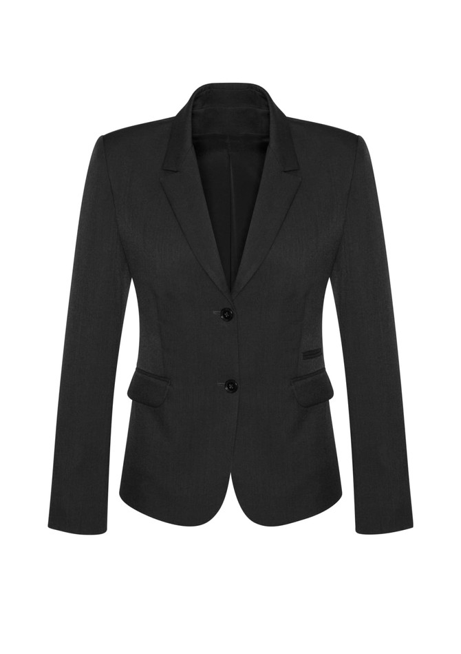 A black mid-length women's blazer featuring a two-button front and structured design. It has pockets and a logo.