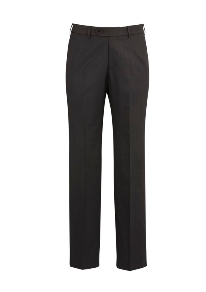 A pair of black flat front slacks featuring a sleek design and a logo on the waistband.