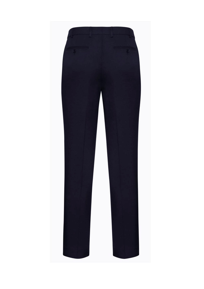 A pair of slimline pants in dark navy, featuring back pockets and a sleek design. Brand logo is visible.
