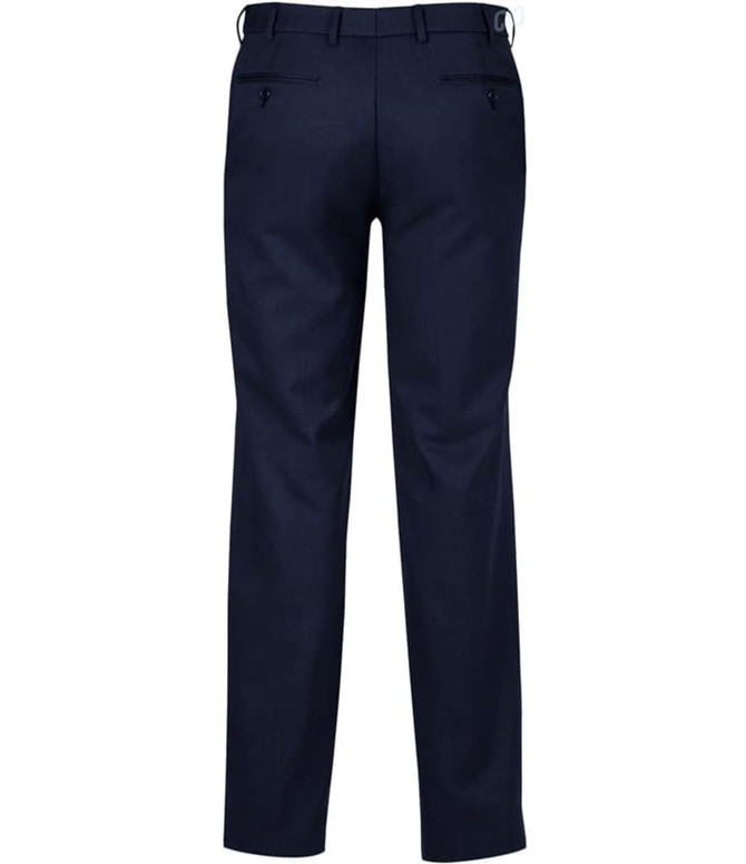 Navy adjustable waist pants with a straight cut and two back pockets, featuring a logo. Ideal for casual or formal wear.