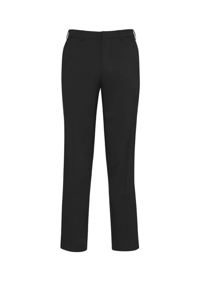 A pair of black slimline pants made from wool stretch fabric, featuring a tailored design and a branding logo.