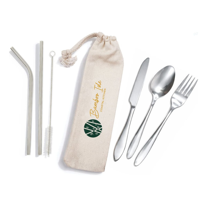 A stainless steel cutlery and straw set in a calico pouch, featuring a fork, knife, spoon, and straw with a cleaner.