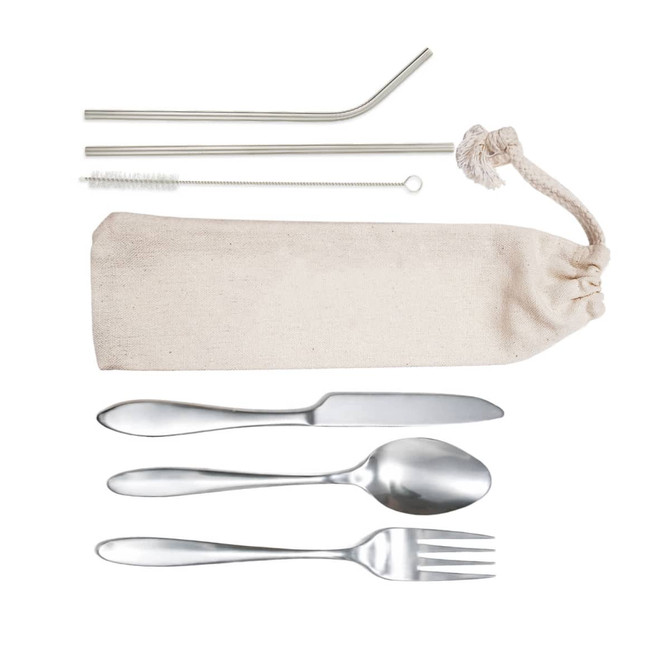 A calico pouch containing stainless steel cutlery: a knife, fork, spoon, straw, and cleaning brush.
