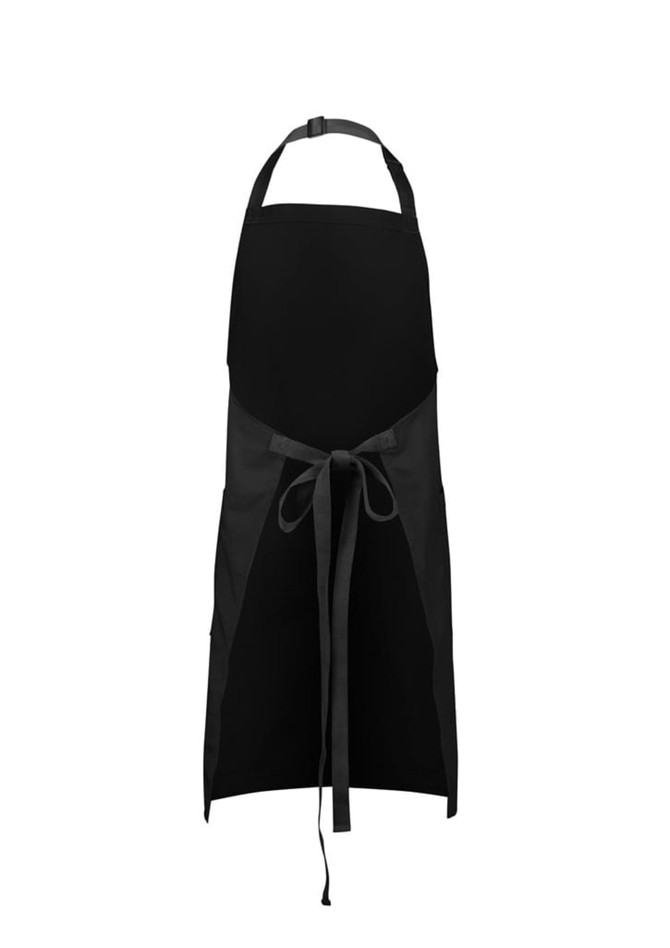 A black apron with adjustable straps, featuring pockets and a tied waist. It has a simple, modern design.
