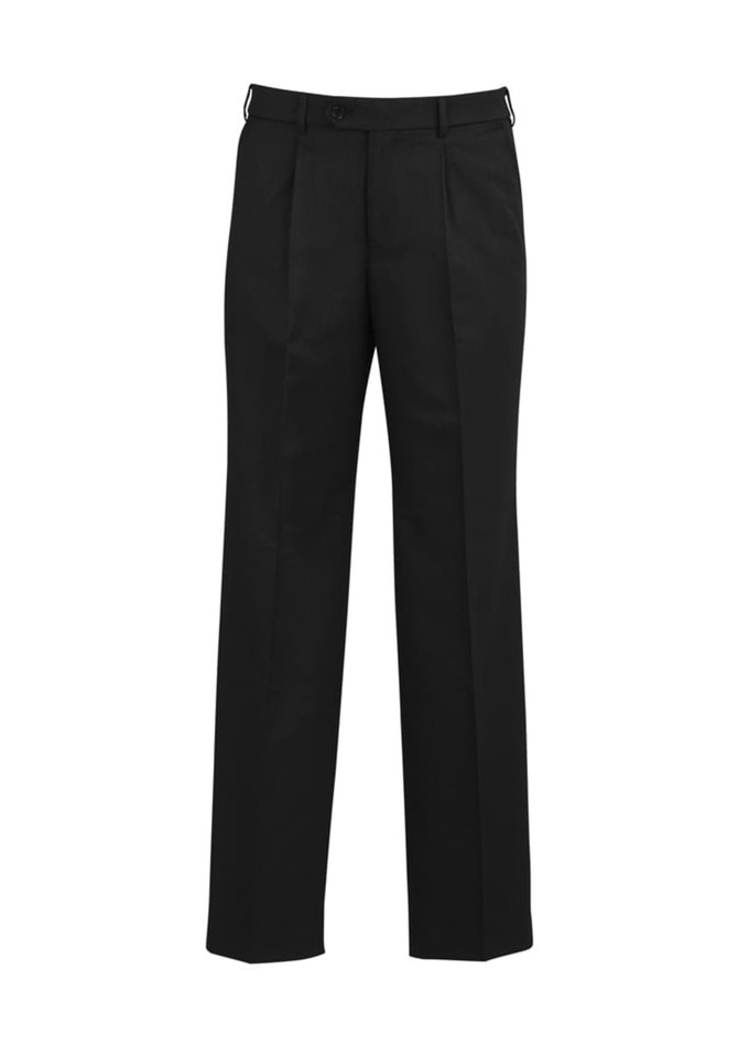 Classic black pleat pants with a tailored fit, featuring a waistband and a logo. Suitable for formal occasions.