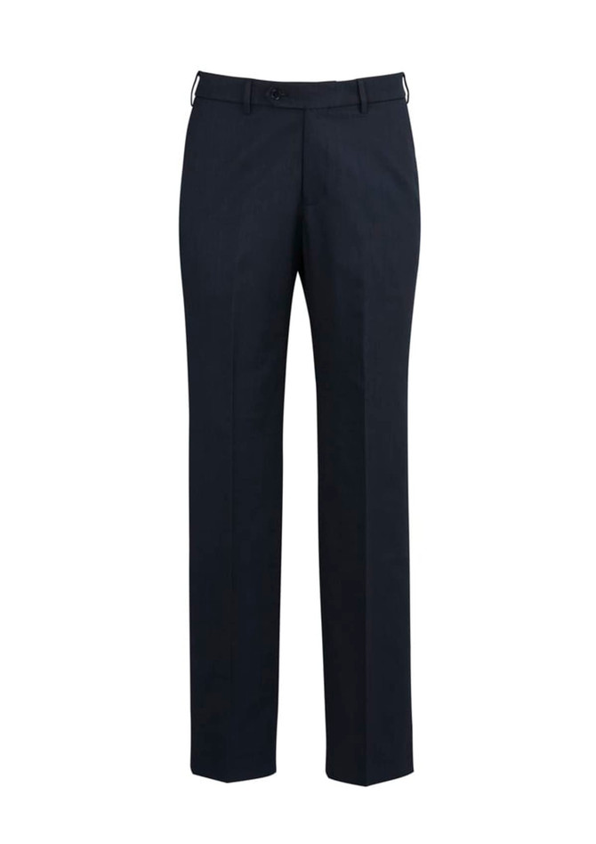 Classic flat pants in dark navy blue, featuring a sleek design and a logo. Suitable for formal and casual settings.
