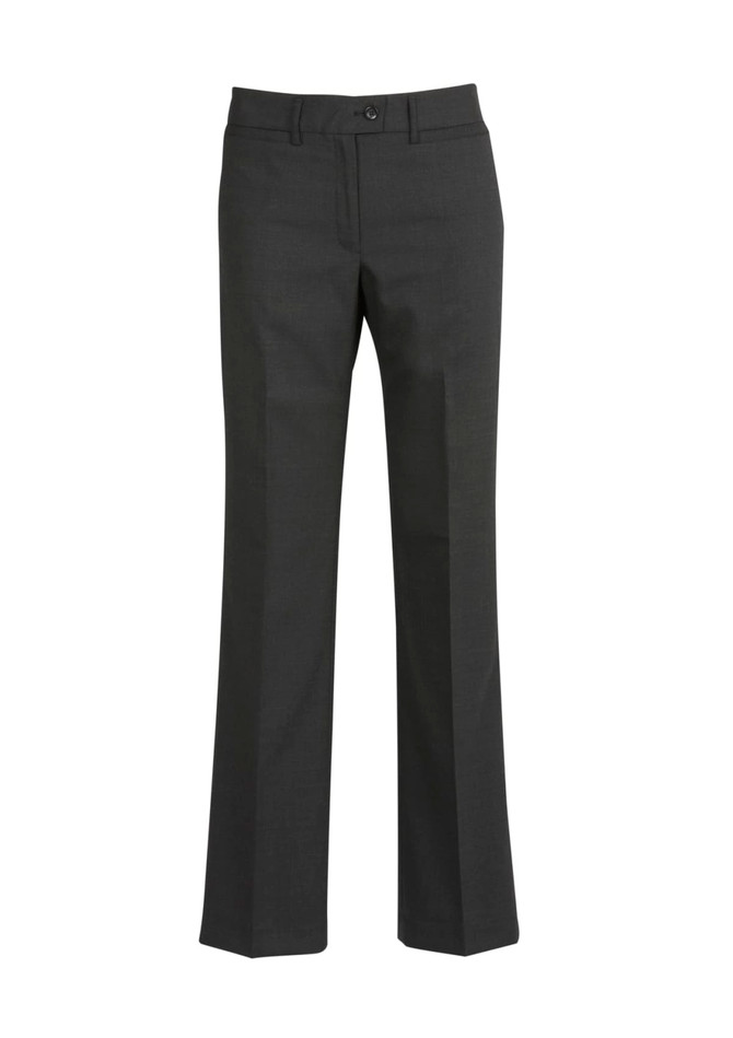 Classic women's slacks in a dark grey colour with a straight leg design and a front button closure.