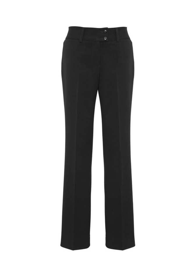 A pair of black women's slacks featuring a fitted waist and two buttons. The pants have a straight-leg design.