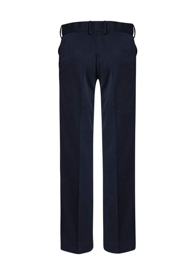 Navy blue women's slacks featuring a sleek design, with a belt and two side pockets.