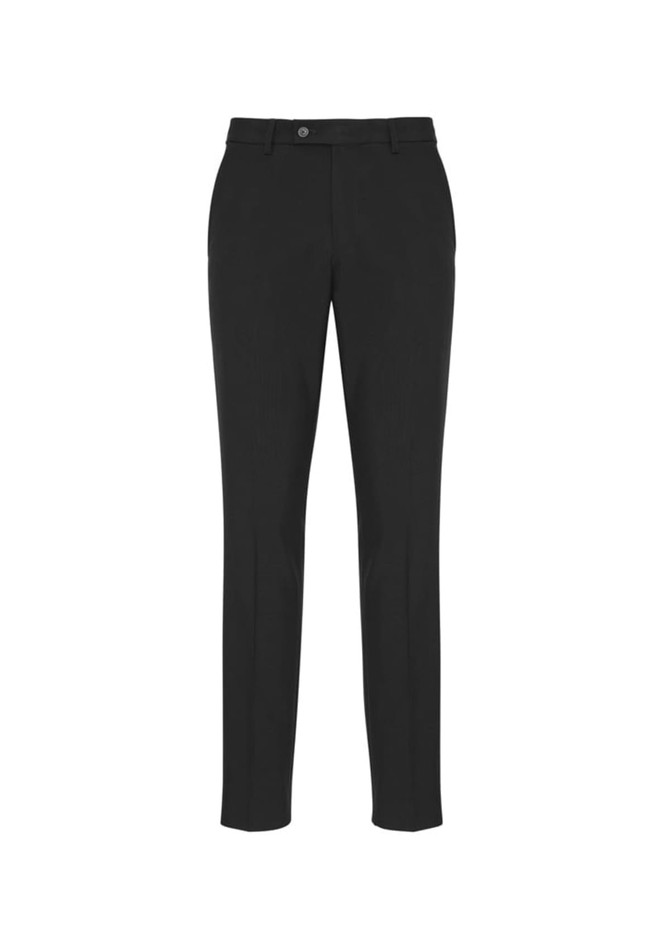 A pair of black classic slim pants with a straight cut and button closure, featuring a subtle texture.