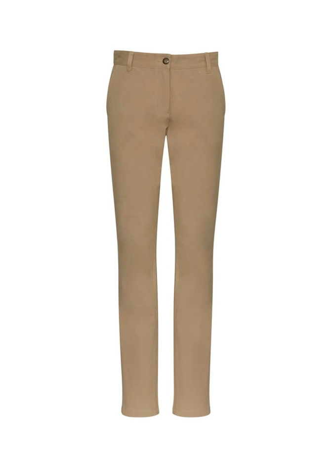 Tan women's chino pants with a slim fit, featuring a button closure and pockets. Includes branding on the waistband.