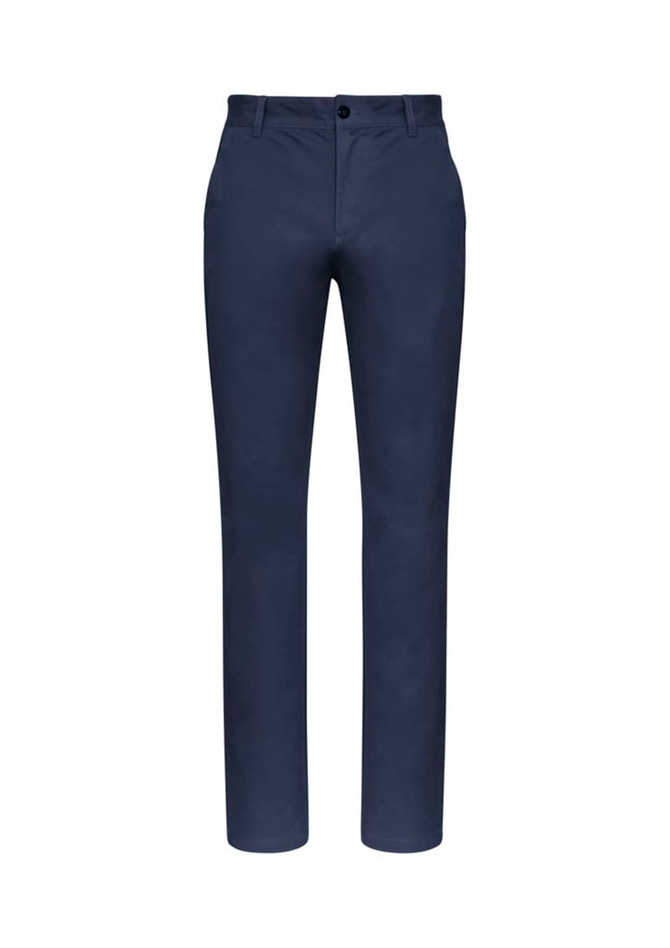 Navy chinos with a straight leg design and a button front, featuring a logo on the waistband.