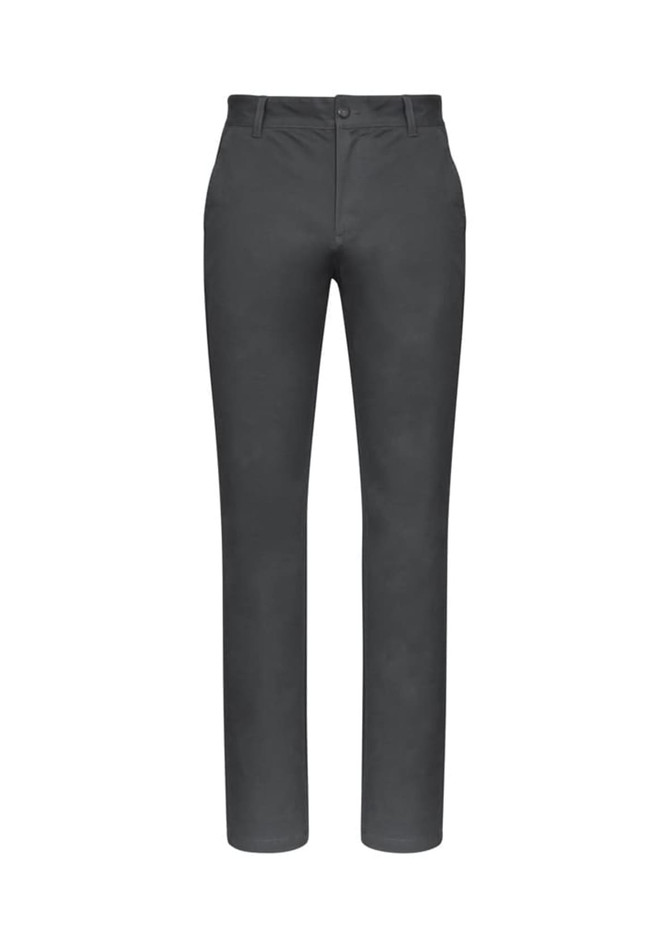 A pair of grey chino pants with a fitted design, featuring pockets and a front button closure.