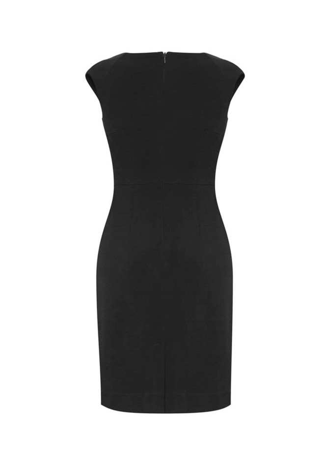 A fitted black dress with cap sleeves and a zip closure at the back. It has a sleek silhouette.
