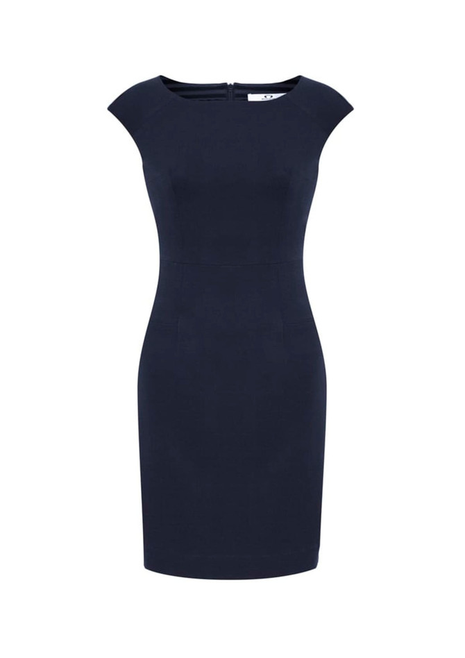 A fitted navy Audrey dress with cap sleeves and a back zip closure, featuring a sleek, streamlined silhouette.