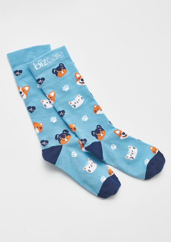 Blue unisex socks featuring playful cat and dog patterns, with a logo at the top.