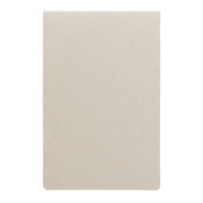 A stack of beige sticky notes with rounded corners, featuring a simple design and texture.