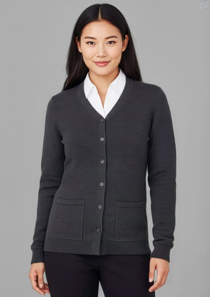 A women's dark grey button-front knit cardigan with two front pockets and a V-neckline.
