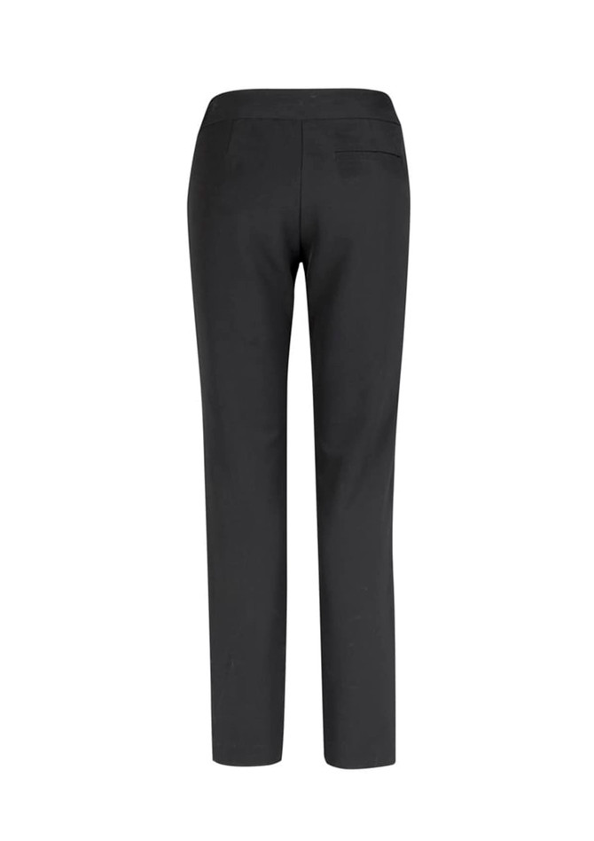 A pair of women's black stretch pants featuring a simple design and a back pocket. The pants have a fitted silhouette.