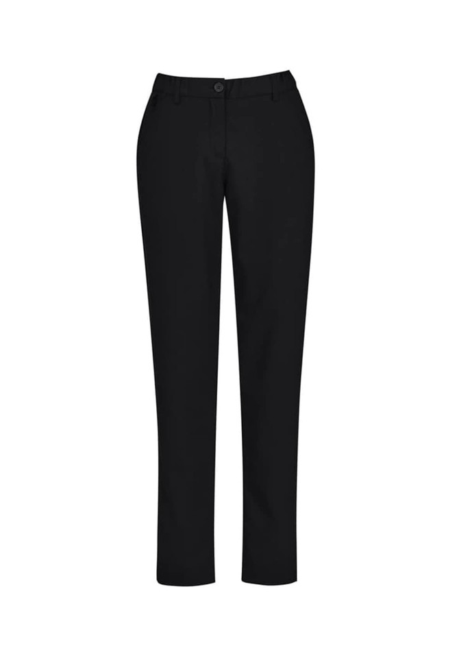 A pair of black slim leg pants with a comfort waist, featuring pockets and a button closure.