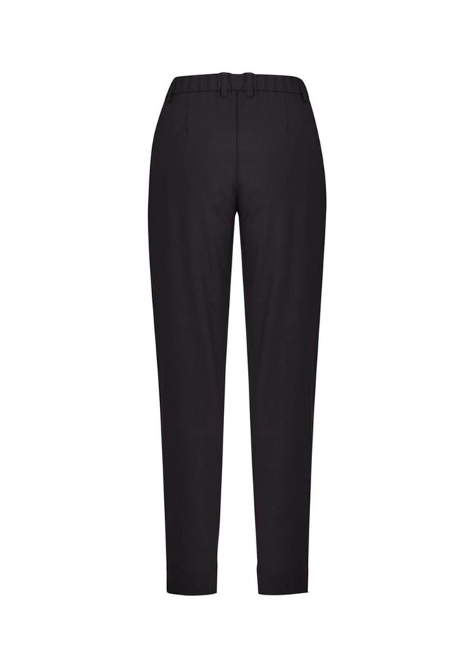 A pair of black slim leg pants with a comfort waist, featuring a simple design and no visible logos.