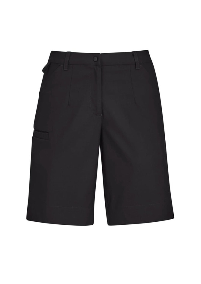 A pair of women's black cargo shorts with side pockets and a waistband. Features a logo on the garment.