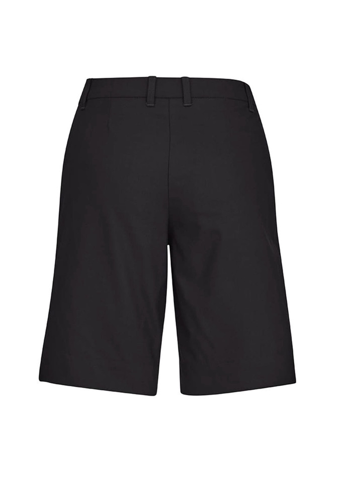 A pair of black women's cargo shorts featuring a comfort waist design and a straight cut.