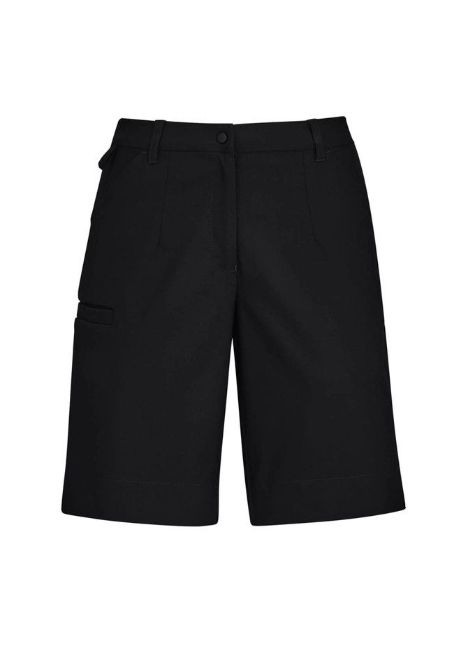 A pair of women's cargo shorts in black, featuring multiple pockets and a comfort waist design.