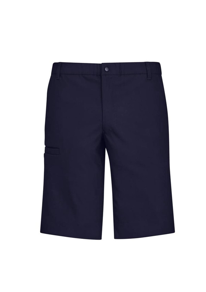 Men's comfort waist cargo shorts in navy blue, featuring side pockets and a logo. Designed for casual wear.