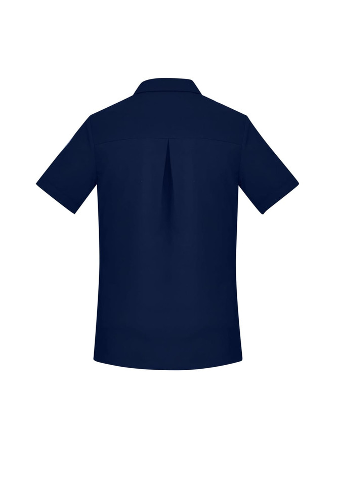 A navy short sleeve women’s shirt featuring a back centre pleat and a collar. It has a logo on the design.