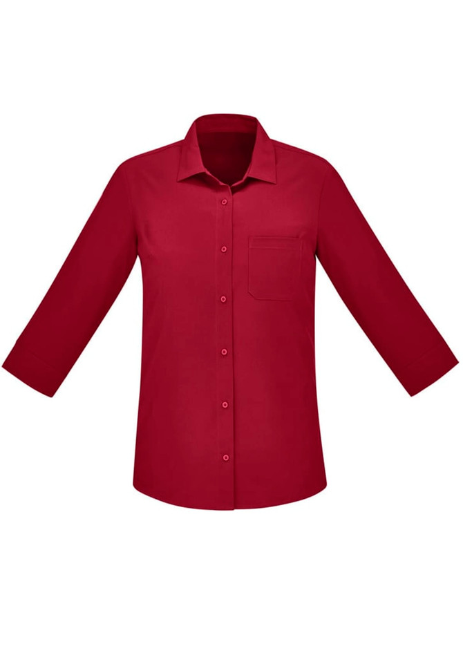 A burgundy 3/4 sleeve button-up shirt with a single chest pocket, featuring a logo.