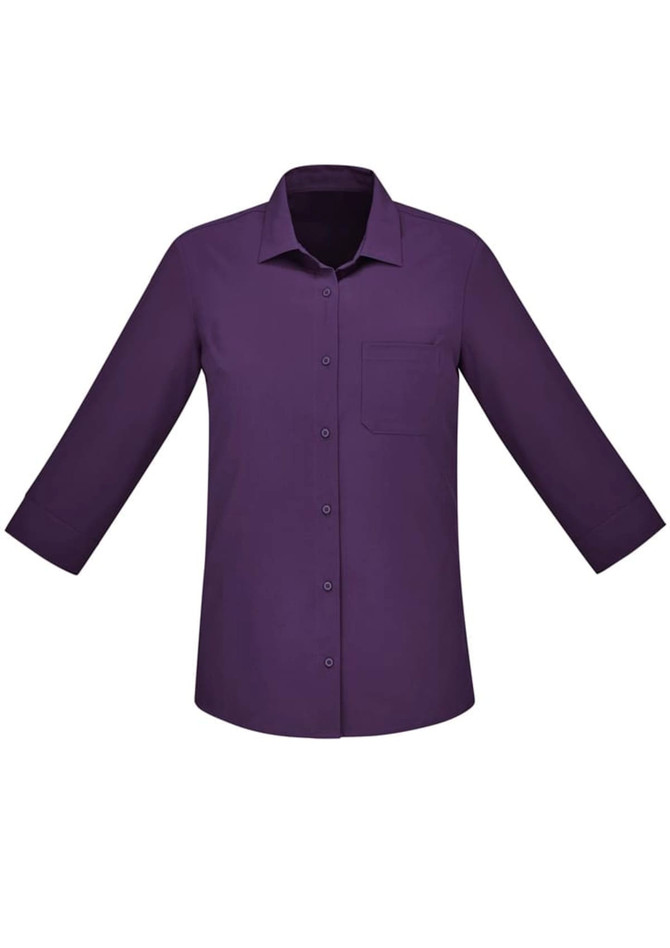 A purple women's 3/4 sleeve button-up shirt with a pocket and a collar. It has a logo on it.