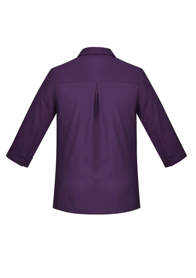 A purple women's button-up shirt with 3/4 sleeves and a back pleat, featuring a collar and button cuffs.