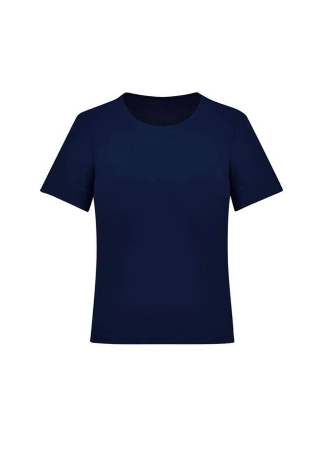 A navy women's short sleeve jersey top with a simple design and a rounded neckline. It features a branding logo.