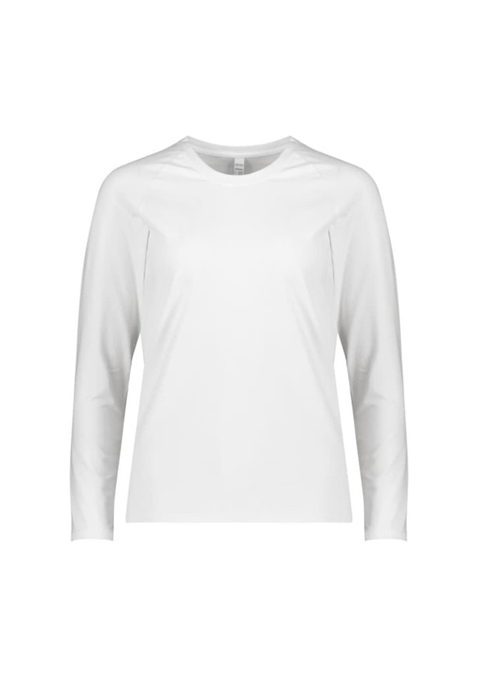 A white long sleeve women's performance tee with a simple design and a logo on the front.