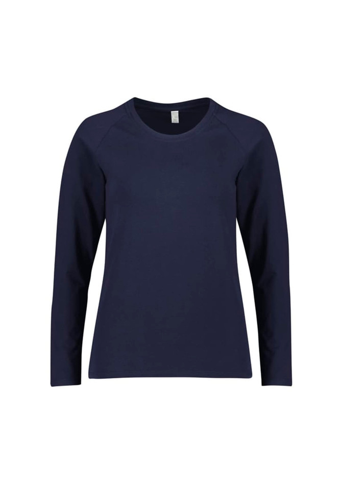 A navy long sleeve women's performance tee with a rounded neckline and raglan sleeves. Features a logo on the garment.