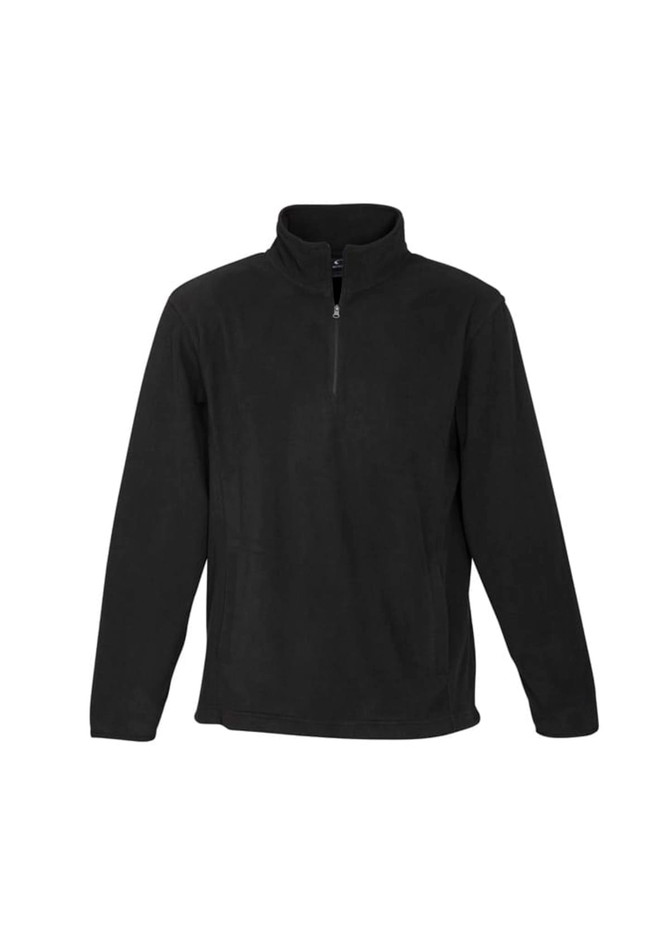 A black polar fleece jacket with a quarter zip and long sleeves. It features a logo on the front.