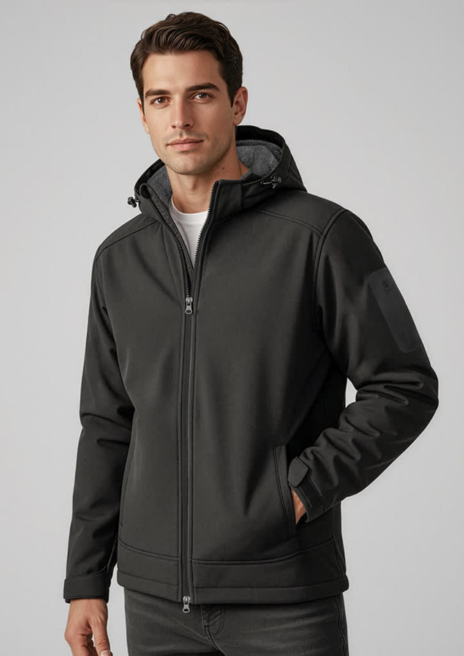 A men's soft shell jacket in black, featuring a hood, zip closure, and pockets, with branding on the sleeve.