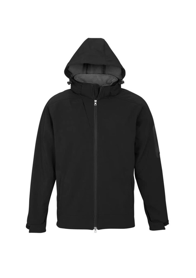 A black soft shell jacket with a hood, featuring a zip front and side pockets. It has a logo on the sleeve.