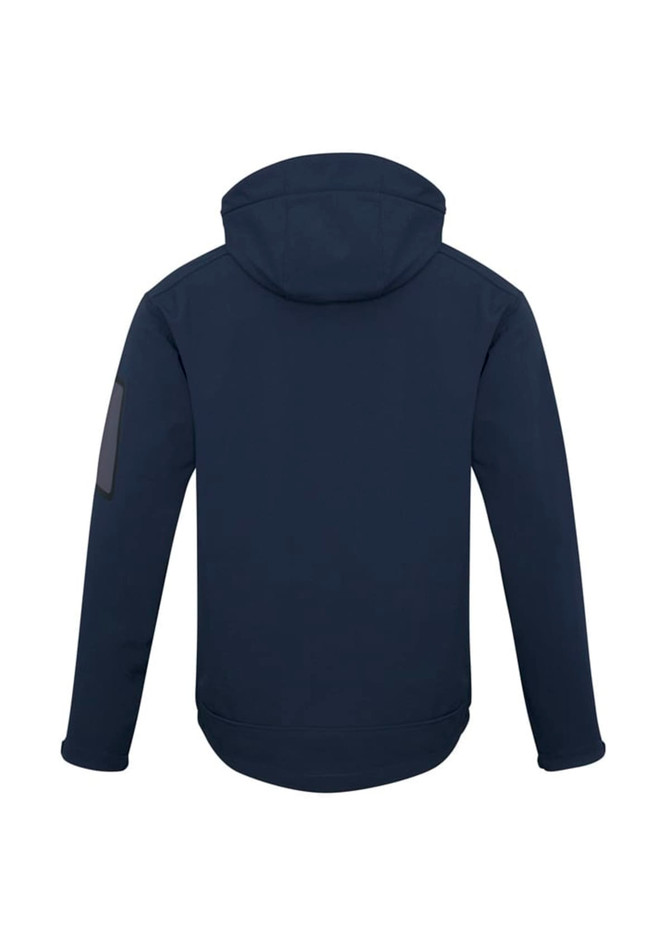 A soft shell jacket in navy blue featuring a hood and a logo on the sleeve.