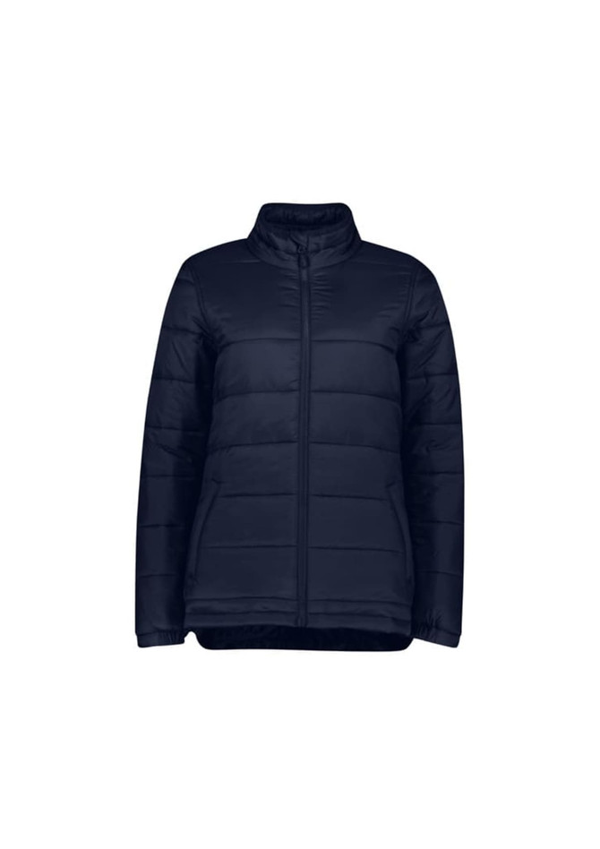 A navy women's puffer jacket with a zip front and high collar, featuring a simple design and no visible patterns.