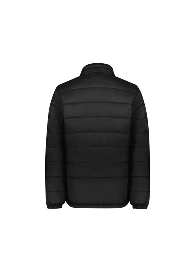 A black puffer jacket featuring a quilted design and a collar. The jacket has a logo on the back.