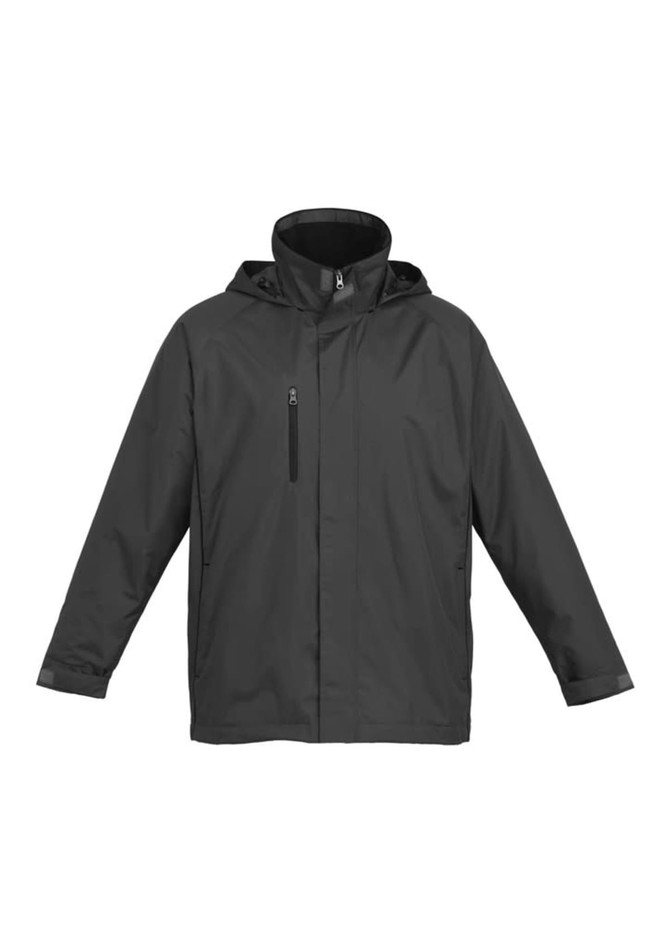 A unisex black core jacket featuring a zip front and hood, with a logo on the chest.