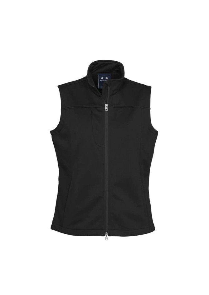 A black women's softshell vest with a high collar and a front zip, featuring a logo on the chest area.